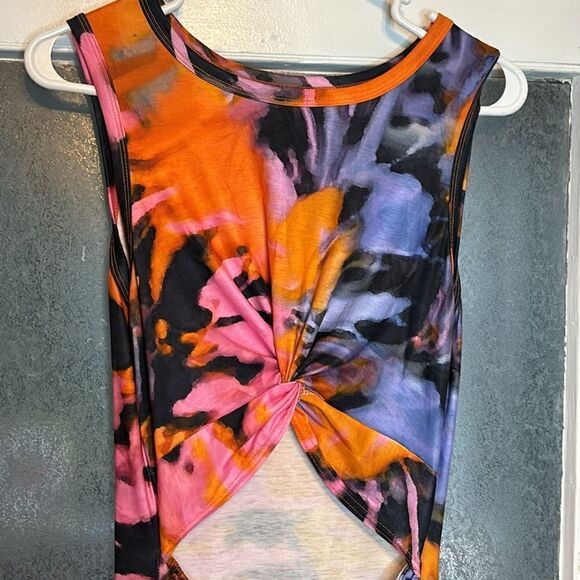 Women’s Orange Black and Pink Tie Dye Twist Cut Out Mini Dress Size Medium - Picture 2 of 5